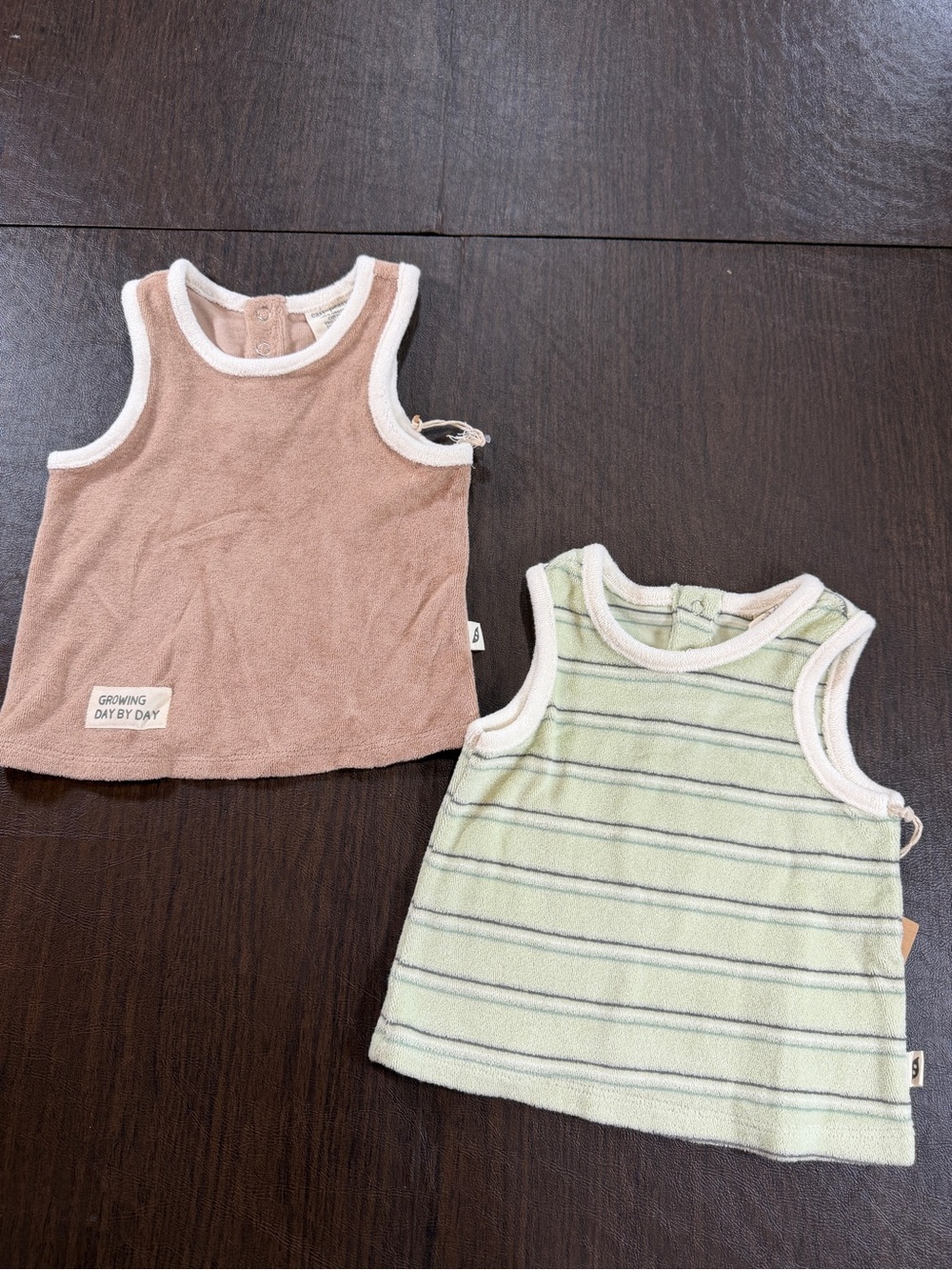Easy Peasy Kids Organic Cotton Terry Tank Tops - Brown and Green Striped. Sz 12M